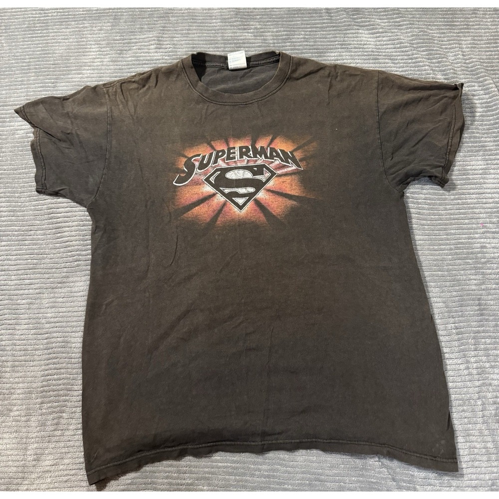 mens disney shirt Y2K 2001 faded black Superman‎ "Fire Logo